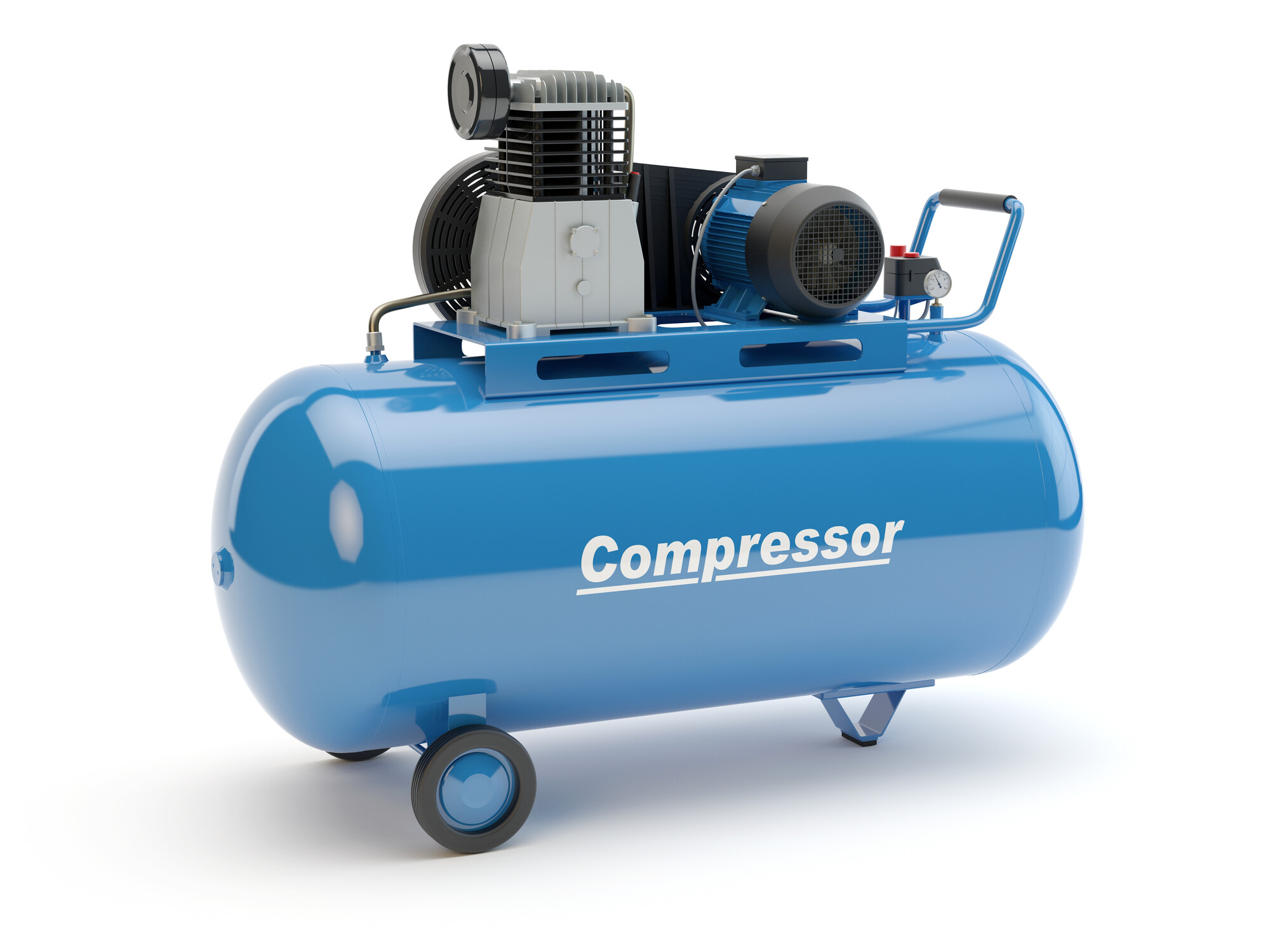 Compressore d'aria a pistoni con serbatoio orizzontale blu, motore elettrico, manometro e ruote, scritta Compressor